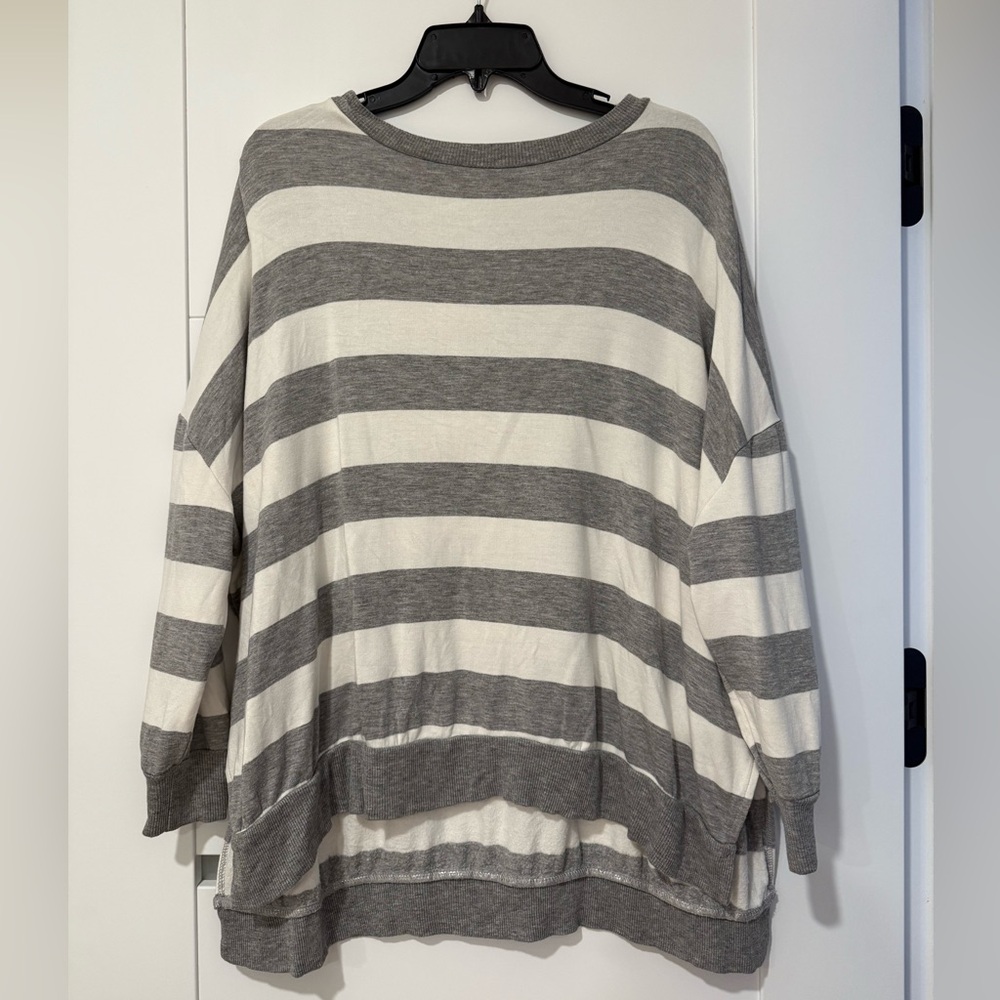 BKE Grey and White Striped Crew Neck Sweatshirt - XS